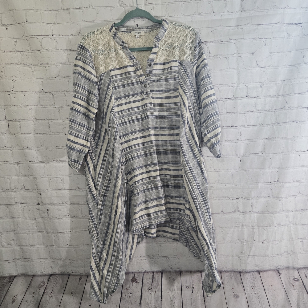 Umgee USA Boho Striped Sharkbite Hem Tunic Sz M Lace Pockets Lagenlook